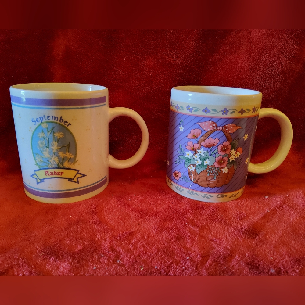 Lot Of 2 Floral Coffee Tea Cups Aster September Gibson Artmark
